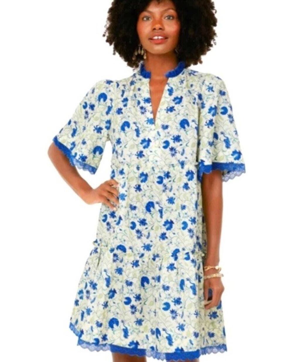 Tuckernuck Bluebird Melody Crawford Dress Linen Blend Floral Tiered Mini Sz XXS